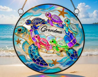 Personalized Grandma Sea Turtle Suncatcher, Custom Grandkids Names Window Decor, Stained Glass Style Ocean Art, Birthday Gift for Grandma