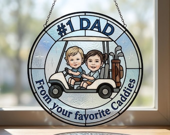 Personalized Golf Dad Suncatcher, Custom Child Photo Portrait Gift, #1 Dad From Favorite Caddies Window Art, Stained Glass Style Decor