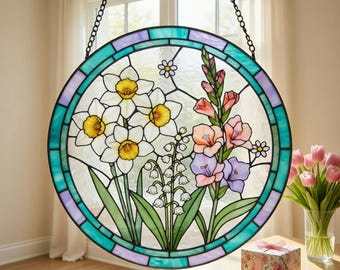 Personalized Birth Flower Suncatcher, Custom Family Garden Stained Glass Style, Mother's Day Gift, Floral Window Hanging, Gift For Her