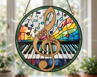 Personalized Music Teacher Suncatcher, Custom Name Piano Key Glass Art, Aesthetic Rainbow Window Hanging, Unique Graduation Gift for Pianist