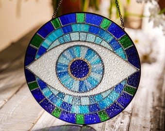 Evil Eye Protection Stained Glass Suncatcher, Spiritual Home Decor, Boho Wall Art, Nazar Protection Symbol, Ward Off Negative Energy Gift