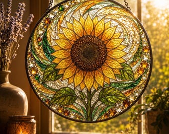 Yellow Sunflower Stained Glass Suncatcher, Crystal Border Window Hanging Decor, Beaded Floral Ornament, Mothers Day Garden Gift for Mom Her