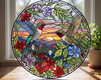 Hummingbird Flowers Stained Glass Suncatcher, Floral Bird Window Hanging, Nature Decor Gift For Bird Lover Home Unique Idea Best