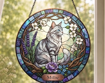 Personalized Cat With Tactile 3D Texture Suncatcher, Custom Photo Stained Glass Window Hanging, Pet Stained Glass Wall Art, Cat Mom Gift