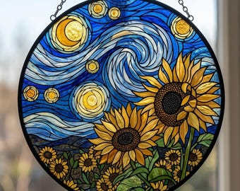 Sunflower Field Stained Glass Suncatcher, Round Van Gogh Inspired Window Hanging, Bright Glass Art Gift For Nature Lovers, Gift For Her