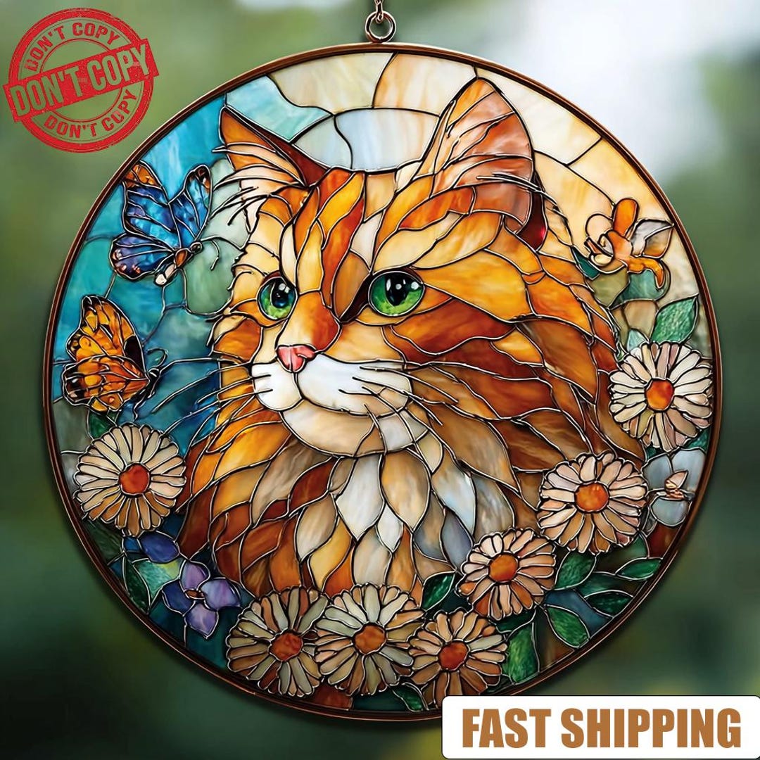 Custom Cat Portrait Stained Glass Suncatcher, Stained Glass Pet ...