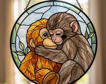 Punch Monkey Stained Glass Suncatcher, Baby Monkey Window Hanging – Art Gift Decor For Nursery Or Animal Lovers, Gift For Her