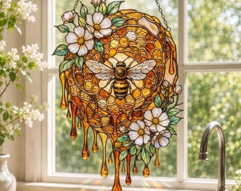 Honeybee Acrylic Suncatcher, Honeycomb Window Hanging, Acrylic Sun Catcher Bee Drip Honey Kitchen Wall Decor Garden Lovers Gift