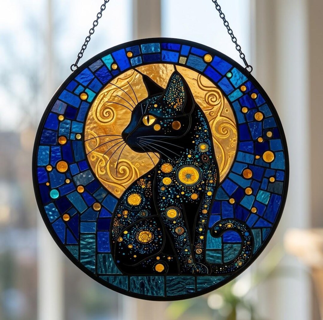 Black Cat Moon Stained Glass Suncatcher, Cat Mystical Window Hanging ...
