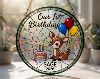 Personalized 1st Birthday Deer Stained Glass Suncatcher, Custom Name Mommy and Baby Gift, First Birthday Keepsake, Custom Nursery Decor