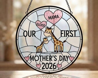 Personalized First Mother's Day Giraffe Stained Glass Suncatcher, Custom Name Window Hanging Art Keepsake, Mother's Day Gift For Her