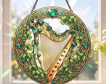 Irish Harp Stained Glass Suncatcher, Irish Heritage Window Hanging, Celtic Music Art Panel, Unique Gift For Musicians And Irish Culture Fan