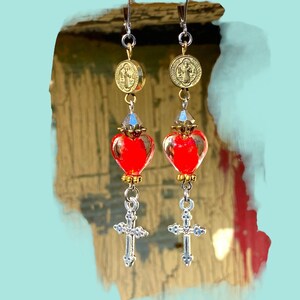 Sacred Heart Rosary Style Earring.Handmade Catholic Immaculate Heart Earrings.Red Glass Puffy Heart Cross Assemblage Dangle.Unique Gift Idea