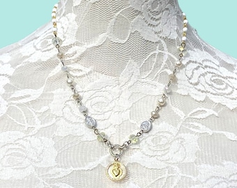 Sacred Heart Mother of Pearl Rosary Y Necklace.Catholic Rosary Style Immaculate Heart Choker.Unique Catholic Lariat Assemblage.Gift Idea Mom