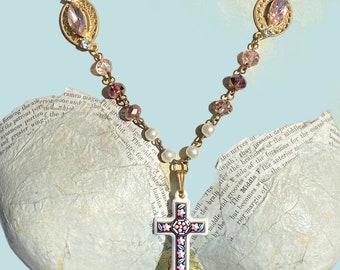 Bronze and crystal long necklace Rosary style necklace Virgins Saints and Angels inspired. Tudor style Religious Vintage crystal pendant