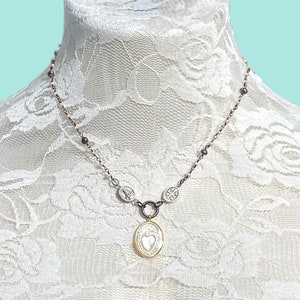 Sacred Heart Delicate Pearl Rosary Choker.Religious Assemblage Mother of Pearl Dainty Immaculate Heart Tiny Saint Necklace.Unique Gift Idea.