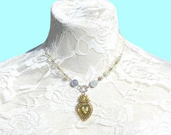 Sacred Heart Milagros Pearl Rosary Y Necklace.Catholic Rosary Style Immaculate Heart Choker.Unique Catholic Lariat Assemblage.Gift Idea Mom.