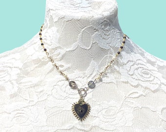 Sacred Heart Pearl Rosary Y Necklace.Catholic Rosary Style Black Immaculate Heart Choker.Unique Heart Ray Eye Lariat Assemblage.Gift Idea.