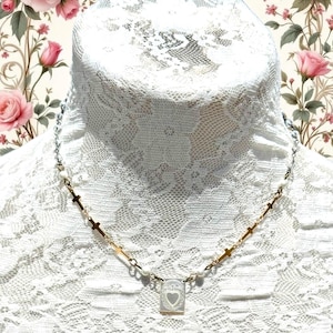 Sacred Heart Altered Rosary Style Choker.Religious Assemblage Mother of Pearl Sacred Heart Scapular Mini Cross Necklace.Catholic Gift Idea.
