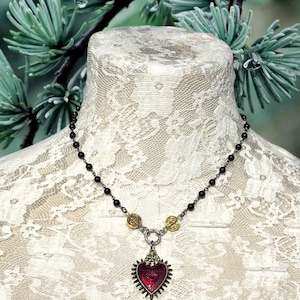 Sacred Heart Black Rosary Y Necklace.Catholic Rosary Style Red Immaculate Heart Choker.Unique Heart Ray Eye Lariat Assemblage.Gift Idea Mom. image 8