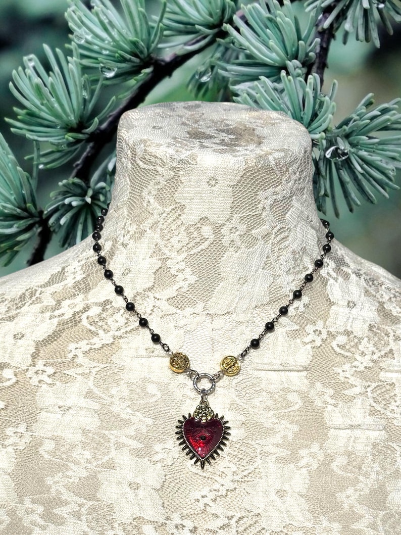 Sacred Heart Black Rosary Y Necklace.Catholic Rosary Style Red Immaculate Heart Choker.Unique Heart Ray Eye Lariat Assemblage.Gift Idea Mom. image 8
