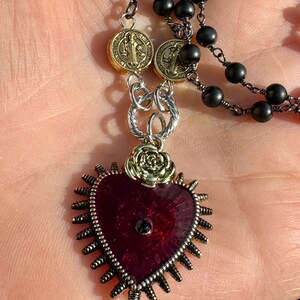 Sacred Heart Black Rosary Y Necklace.Catholic Rosary Style Red Immaculate Heart Choker.Unique Heart Ray Eye Lariat Assemblage.Gift Idea Mom. image 7