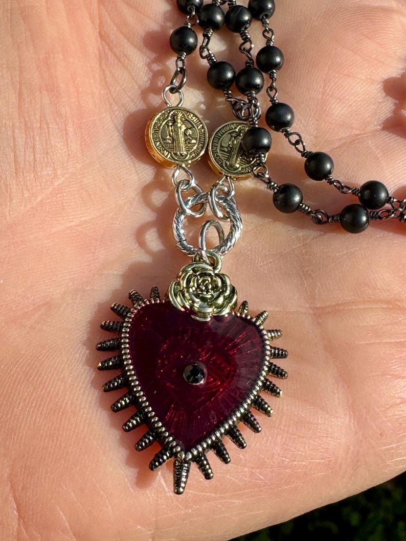 Sacred Heart Black Rosary Y Necklace.Catholic Rosary Style Red Immaculate Heart Choker.Unique Heart Ray Eye Lariat Assemblage.Gift Idea Mom. image 7