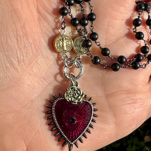 Sacred Heart Black Rosary Y Necklace.Catholic Rosary Style Red Immaculate Heart Choker.Unique Heart Ray Eye Lariat Assemblage.Gift Idea Mom. image 9