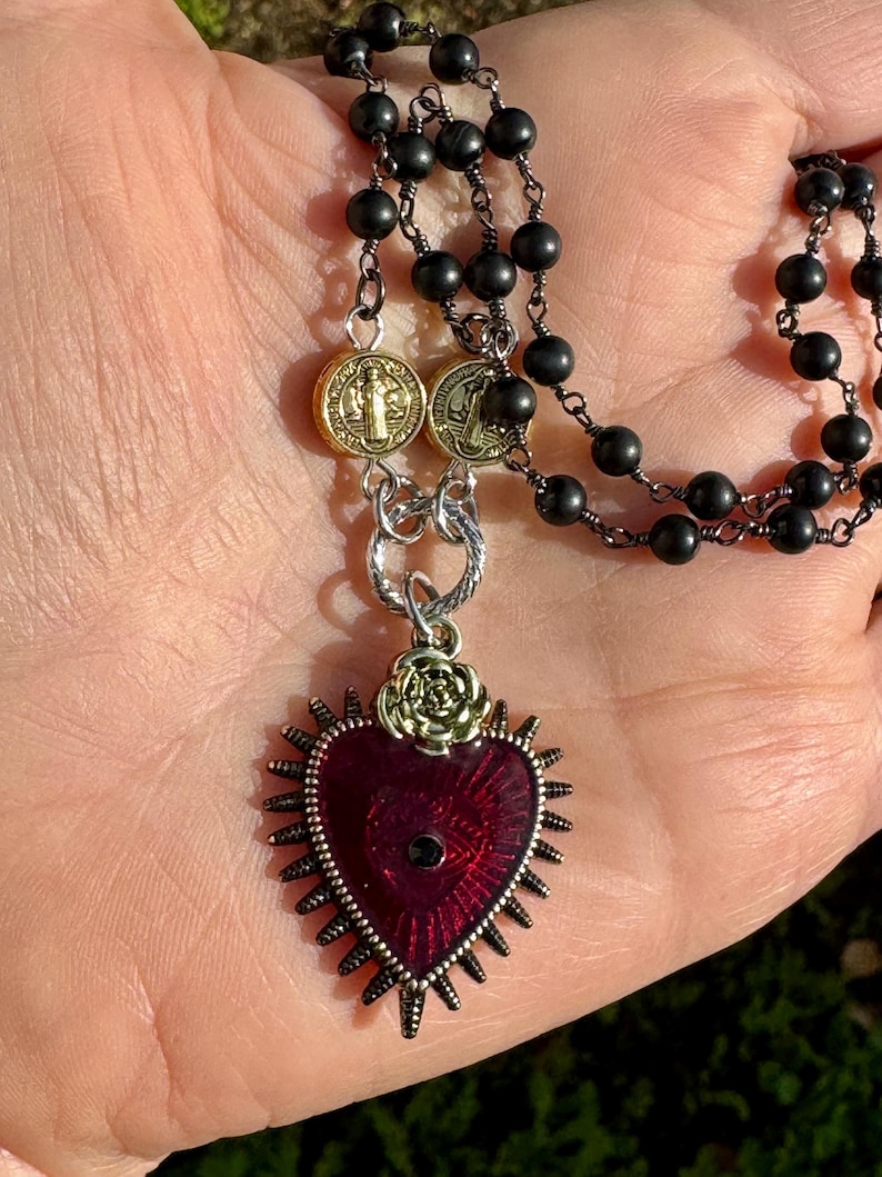 Sacred Heart Black Rosary Y Necklace.Catholic Rosary Style Red Immaculate Heart Choker.Unique Heart Ray Eye Lariat Assemblage.Gift Idea Mom. image 9