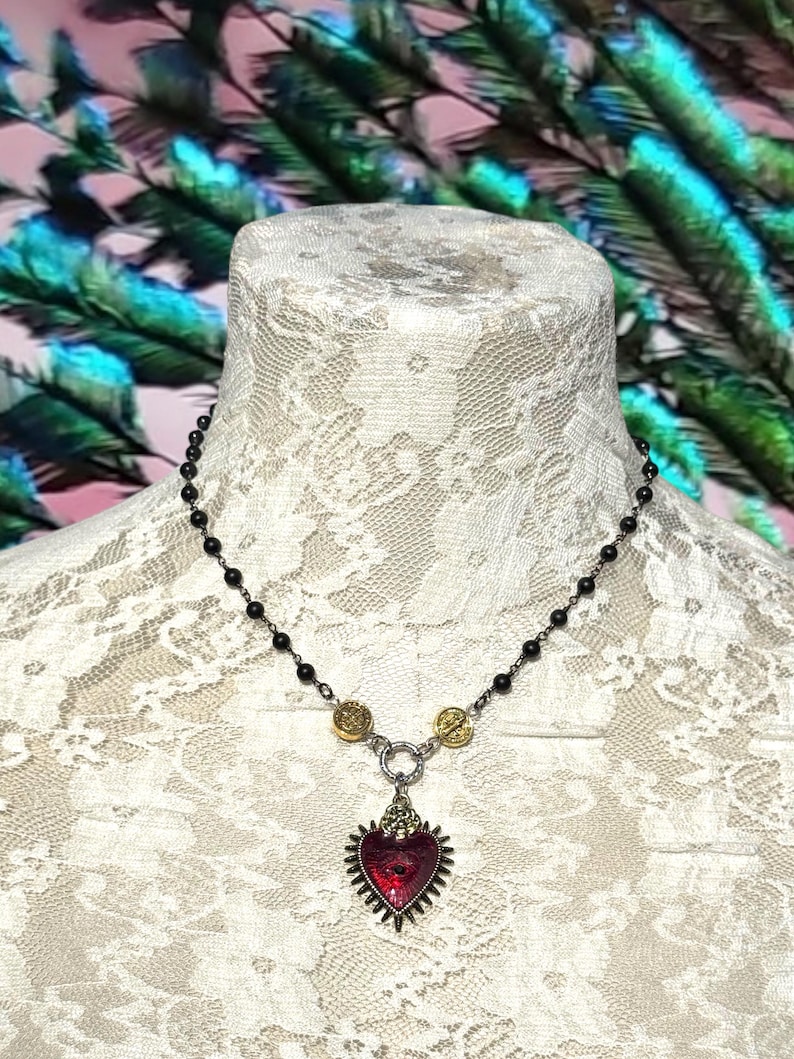 Sacred Heart Black Rosary Y Necklace.Catholic Rosary Style Red Immaculate Heart Choker.Unique Heart Ray Eye Lariat Assemblage.Gift Idea Mom. image 1