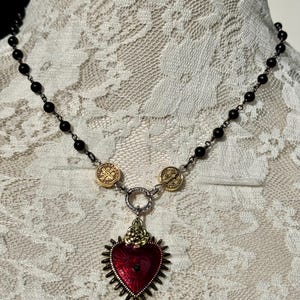 Sacred Heart Black Rosary Y Necklace.Catholic Rosary Style Red Immaculate Heart Choker.Unique Heart Ray Eye Lariat Assemblage.Gift Idea Mom. image 2