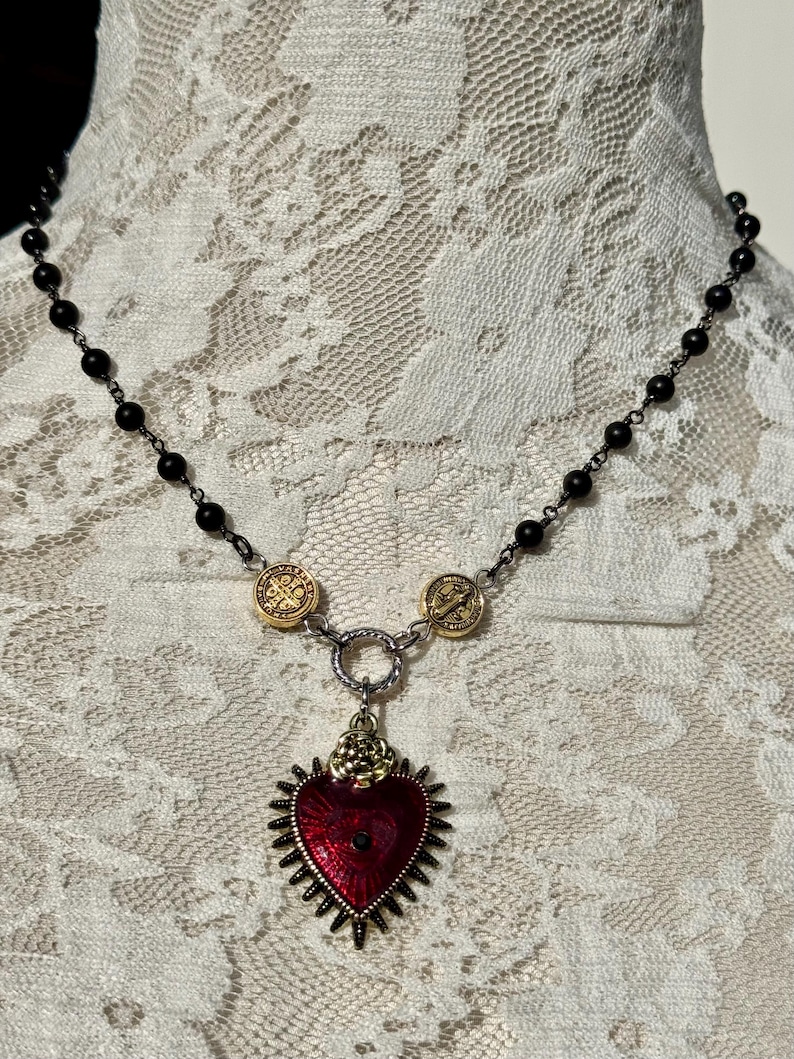 Sacred Heart Black Rosary Y Necklace.Catholic Rosary Style Red Immaculate Heart Choker.Unique Heart Ray Eye Lariat Assemblage.Gift Idea Mom. image 2