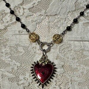 Sacred Heart Black Rosary Y Necklace.Catholic Rosary Style Red Immaculate Heart Choker.Unique Heart Ray Eye Lariat Assemblage.Gift Idea Mom. image 5
