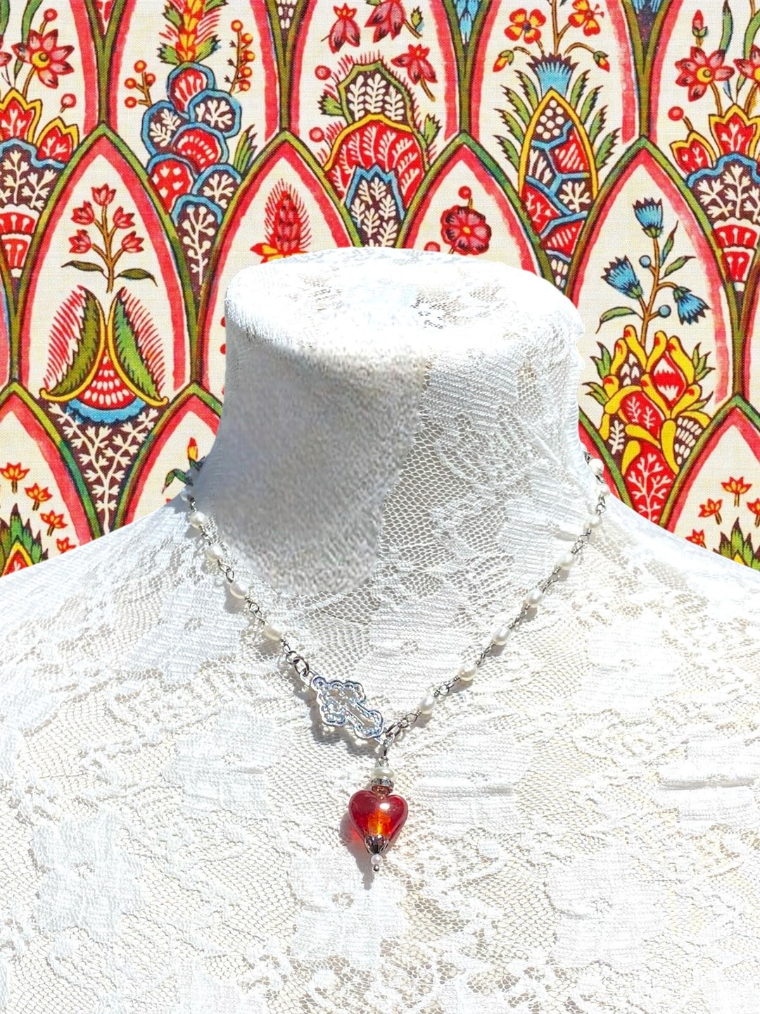 ルビー Sacred Heart Pearl Rosary Y Necklace.catholic Rosary Style Red