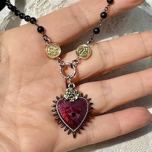 Sacred Heart Black Rosary Y Necklace.Catholic Rosary Style Red Immaculate Heart Choker.Unique Heart Ray Eye Lariat Assemblage.Gift Idea Mom. image 3