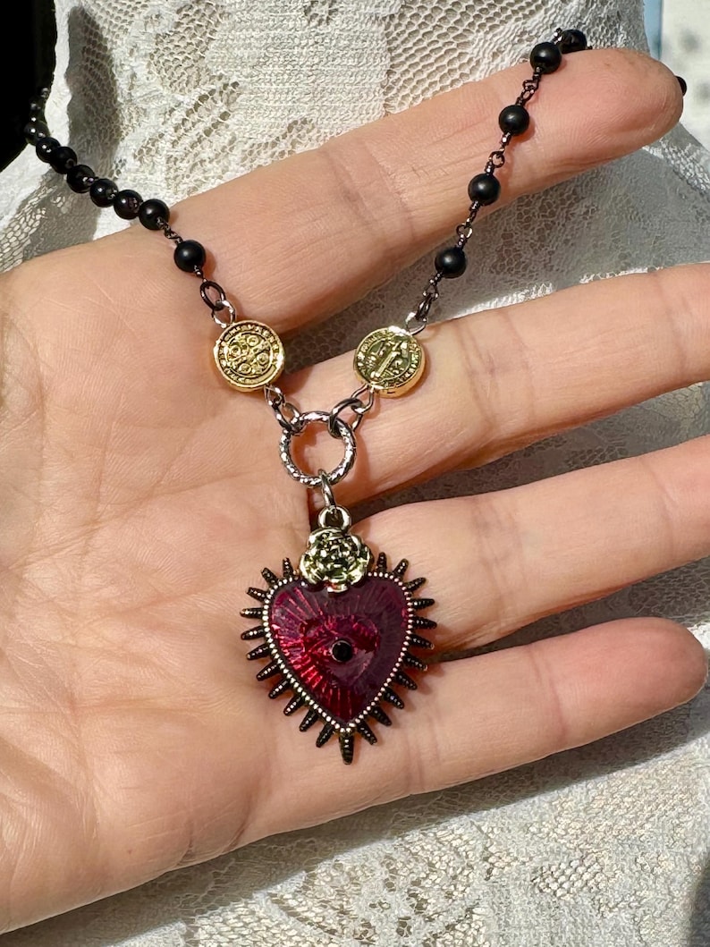 Sacred Heart Black Rosary Y Necklace.Catholic Rosary Style Red Immaculate Heart Choker.Unique Heart Ray Eye Lariat Assemblage.Gift Idea Mom. image 3