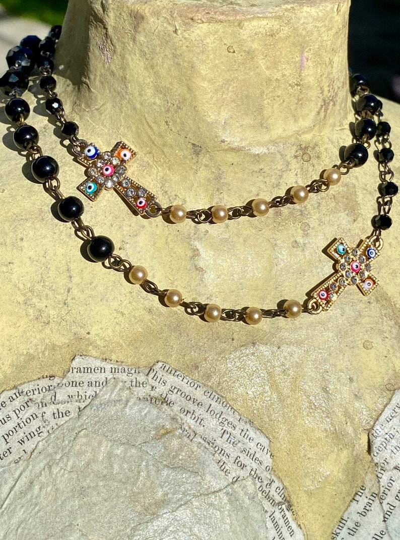Cross Beaded Face Mask Lanyard Chain.Protection Pearl Crystal Rosary Mask Chain.Evil Eye Mask Holder.21 convertible Religious mask necklace