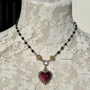 Sacred Heart Black Rosary Y Necklace.Catholic Rosary Style Red Immaculate Heart Choker.Unique Heart Ray Eye Lariat Assemblage.Gift Idea Mom. image 6