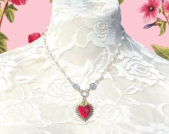 Sacred Heart Pearl Rosary Y Necklace.Catholic Rosary Style Red Immaculate Heart Choker.Unique Heart Ray Eye Lariat Assemblage.Gift Idea Mom.