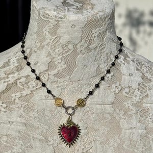 Sacred Heart Black Rosary Y Necklace.Catholic Rosary Style Red Immaculate Heart Choker.Unique Heart Ray Eye Lariat Assemblage.Gift Idea Mom. image 4
