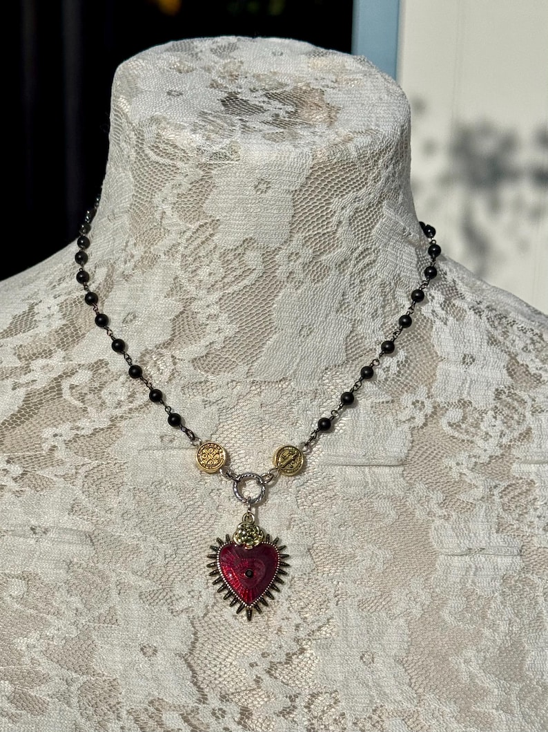 Sacred Heart Black Rosary Y Necklace.Catholic Rosary Style Red Immaculate Heart Choker.Unique Heart Ray Eye Lariat Assemblage.Gift Idea Mom. image 4
