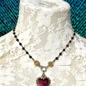 Sacred Heart Black Rosary Y Necklace.Catholic Rosary Style Red Immaculate Heart Choker.Unique Heart Ray Eye Lariat Assemblage.Gift Idea Mom. image 10