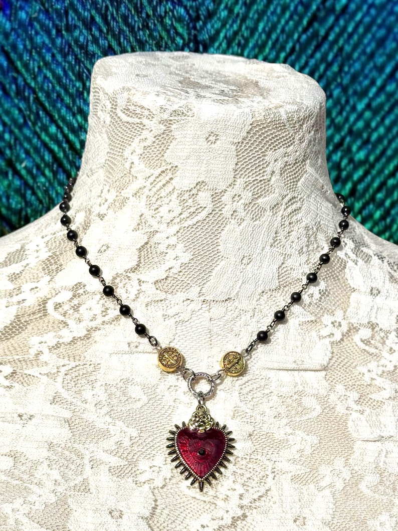 Sacred Heart Black Rosary Y Necklace.Catholic Rosary Style Red Immaculate Heart Choker.Unique Heart Ray Eye Lariat Assemblage.Gift Idea Mom. image 10