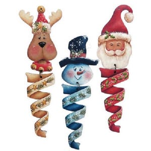 May include: Three Christmas-themed ornaments with a spiral design. A reindeer with red antlers and a red hat, a snowman with a blue hat and a blue scarf, and a Santa Claus with a red hat and a white beard.