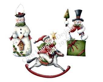 Frolicking Snowmen Ornaments E-Pattern - Designed and painted by Chris Haughey