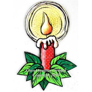 Pode incluir: Uma vela vermelha com uma chama amarela e uma gota de cera branca, cercada por folhas verdes. A vela é iluminada por um halo amarelo. O texto "Chris Haughey Designs Copyright 2016" está na parte inferior da imagem.