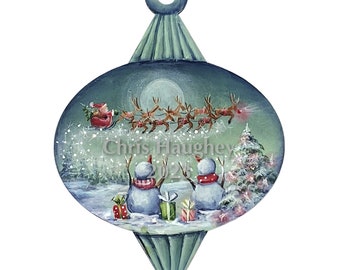 May include: A hand-painted Christmas ornament depicting two snowmen looking up at Santa Claus flying in his sleigh pulled by reindeer. The ornament is shaped like a teardrop and has a green background with a white snowy scene.