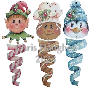 May include: Three Christmas ornaments with a whimsical design. The first ornament is an elf with a green hat and a red suit. The second ornament is a gingerbread person wearing a chef's hat. The third ornament is a penguin wearing a blue hat. Each ornament has a ribbon attached to the bottom.
