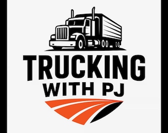 Può includere: Grafica in bianco e nero di un autoarticolato sopra le parole "Trucking with PJ". Sotto, sono visualizzate forme stilizzate arancioni e nere. Il testo "Beginner's Guide to Trucking From Permit to Paycheck" è in basso.