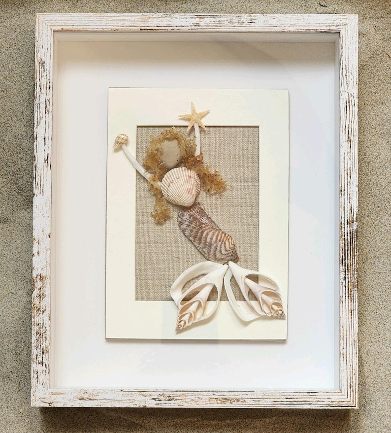 Seashell Mermaid Art, Coastal Beach Decor in Weathered Wood Frame - Etsy